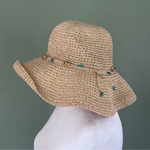 Boho Floppy Paaper Straw Sun Hat Beaded Stone Trim